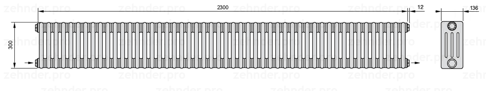 Схема (чертеж) Радиатор Zehnder Charleston 4030/50 №2670 Белый глянцевый RAL 9016